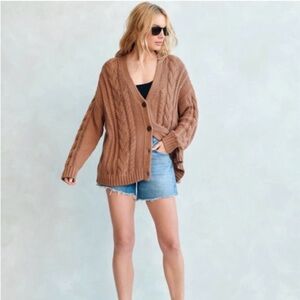 Jenni Kayne Cable Cocoon Cotton Oversized Chunky Cardigan XXS Camel Dark Brown
